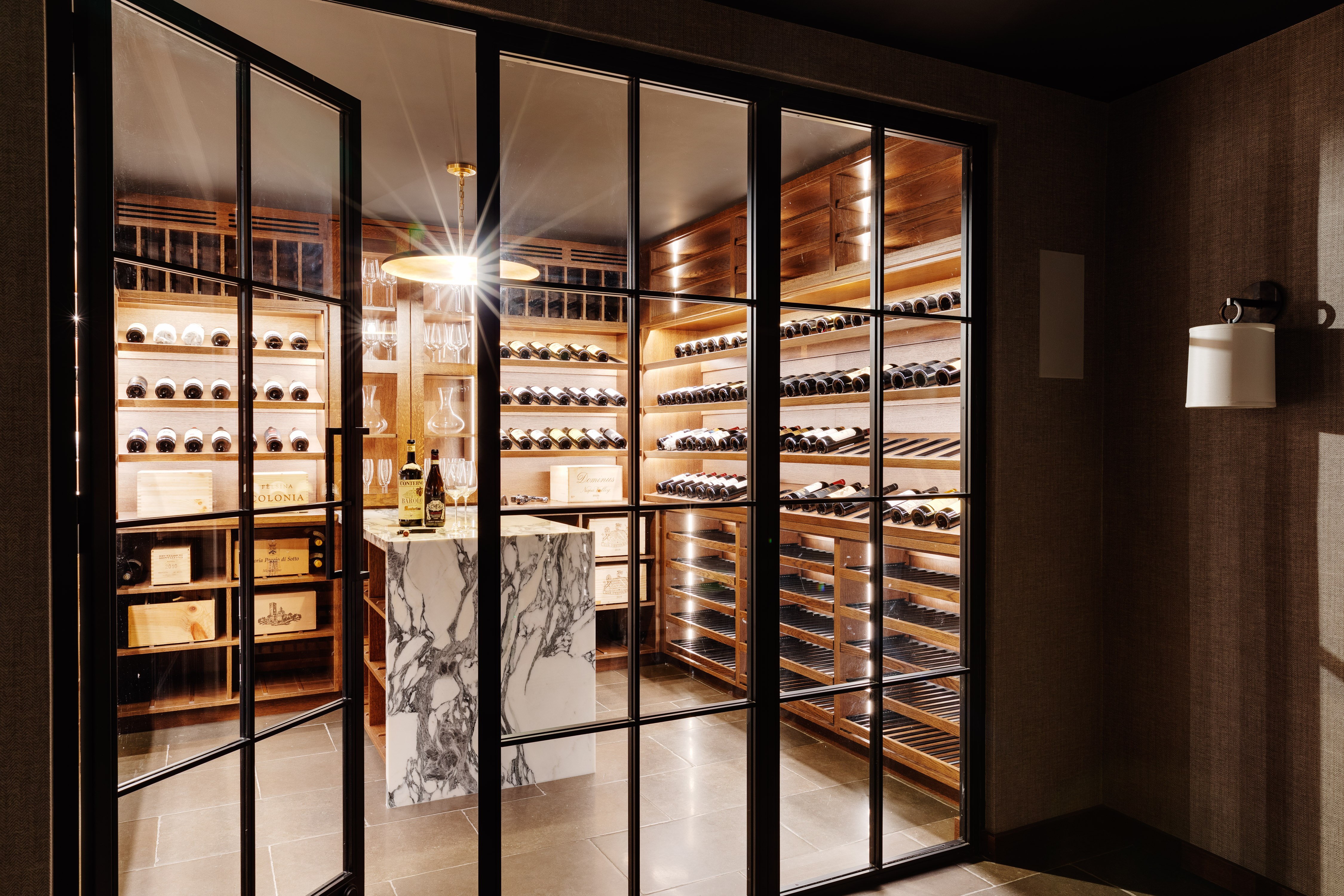 Project 1 (Beacon Hill) - Steel-framed glass wine cellar with oak racking in Beacon Hill townhouse
