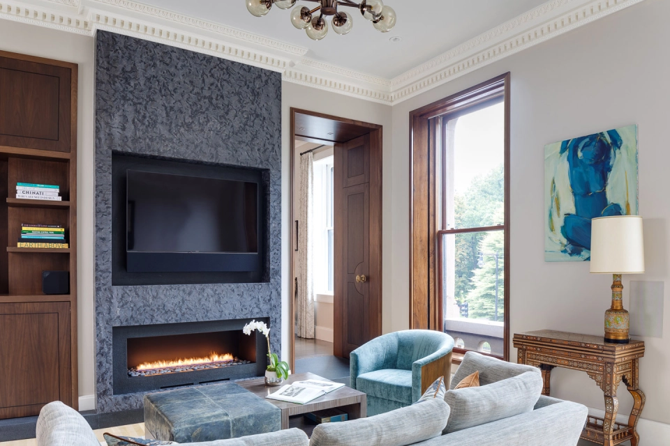 Project 3 (Public Garden) - Living room with stone fireplace surround overlooking Boston Public Garden