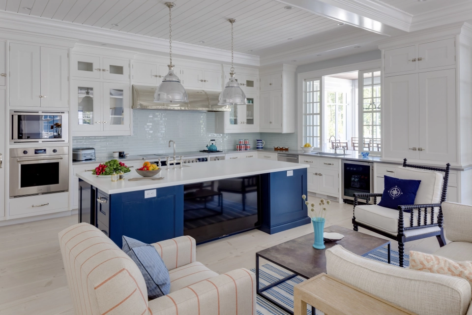 Project 2 (Osterville) - Coastal kitchen with navy island, shiplap ceiling and Wolf appliances