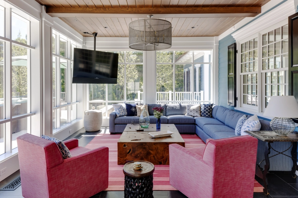 Smart Home and Lighting - Screened porch with ceiling-mounted articulating television, Cape Cod home
